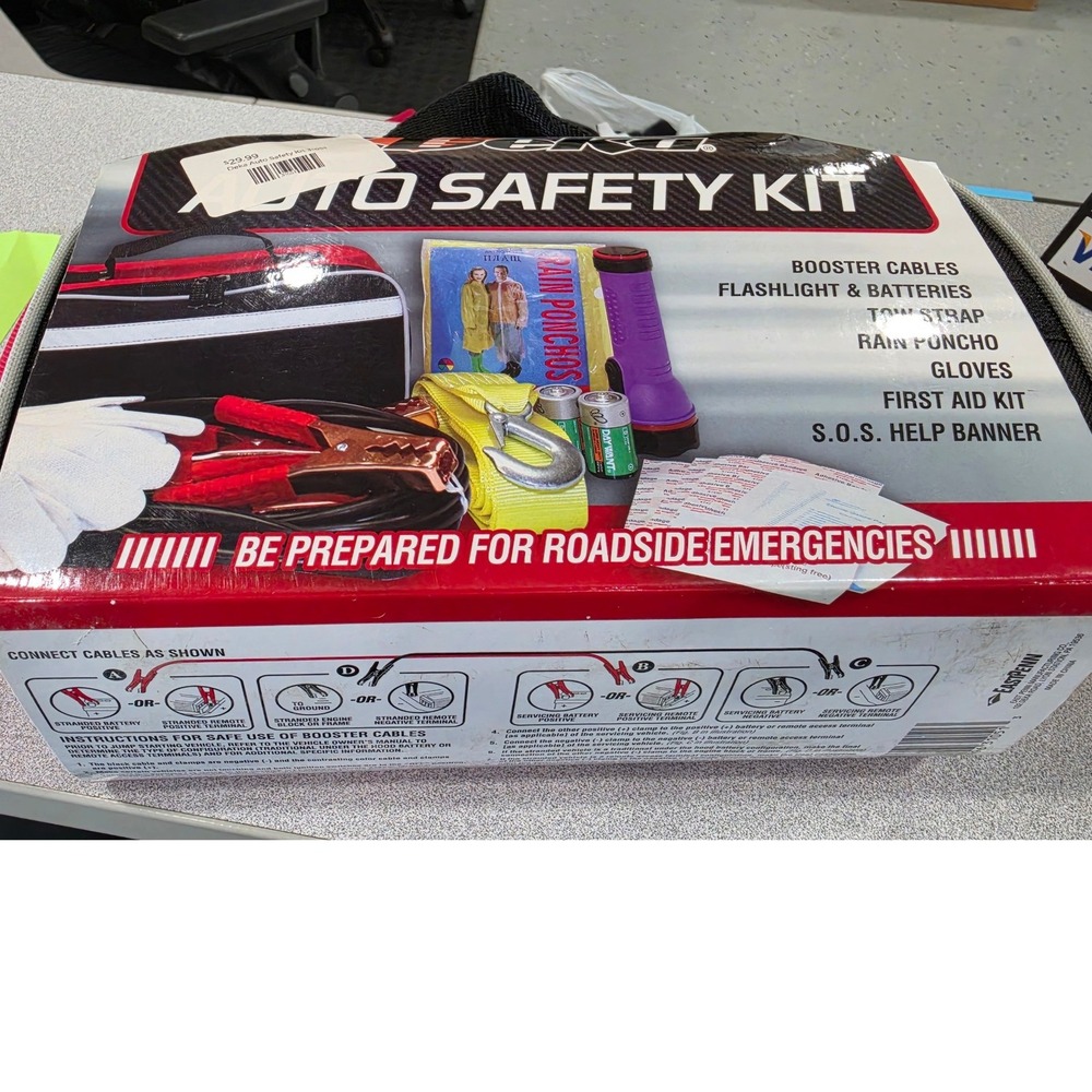 Deka Auto Safety Kit Roadside Emergency Jumper Cables Tow Strap First Aid Red